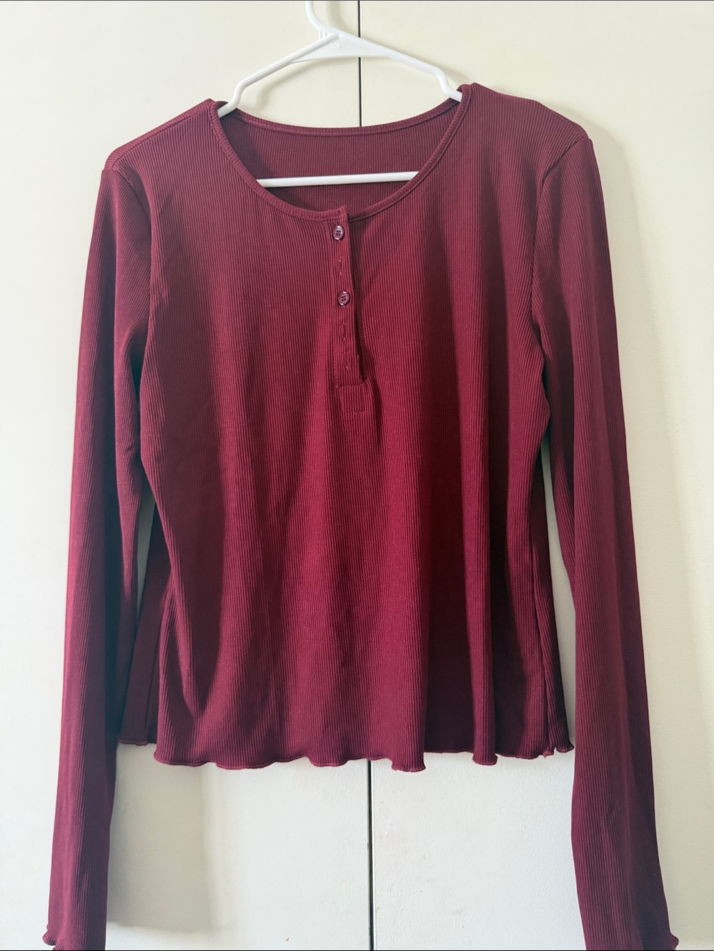 Long Sleeve Henley Top in Burgundy - Women's Ribbed Knit
